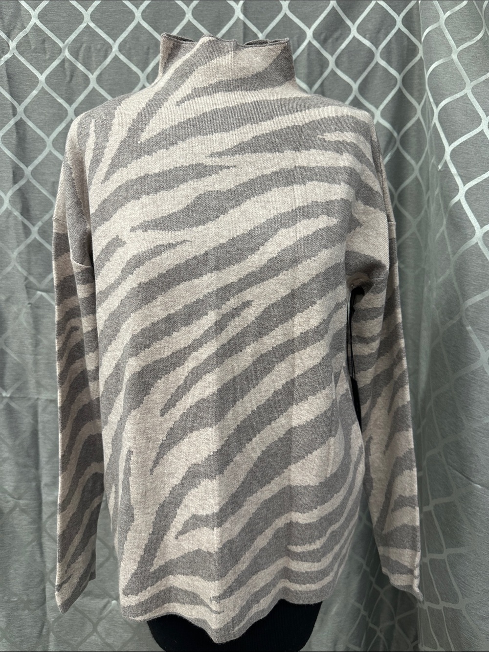 Tahari Gray and Cream Zebra-Print Mock Neck Sweater